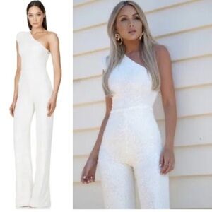 NOOKIE Treasure White‎ Sequin One Shoulder Cocktail Jumpsuit Medium
